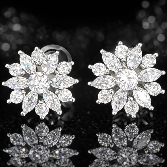 Marquise Round Cut Cz Diamond floral Silver Flower Cluster ladies Stud Earrings - Picture 1 of 4